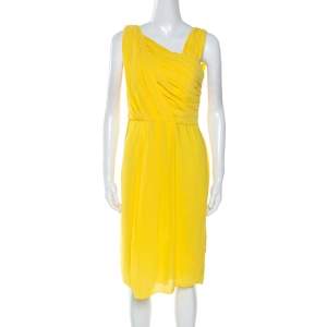 Boss By Hugo Boss Yellow Crepe Pleated Sleeveless Drapira Dress L
