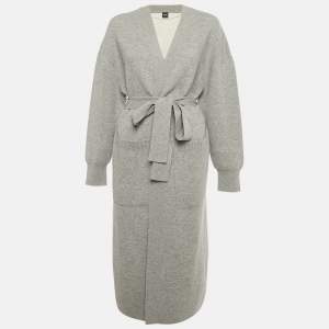 مملوكة مسبقًا Boss By Hugo Boss Grey Wool Knit Belted Febrana Cardigan L