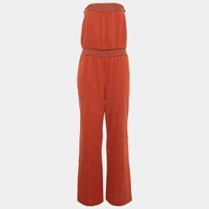 Pre Owned Boss Orange By Hugo Boss Burnt Orange Seersucker Strapless Jumpsuit S
