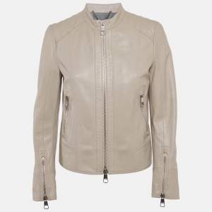 Pre Owned Boss By Hugo Boss Beige Leather Zip-Up Jacket S