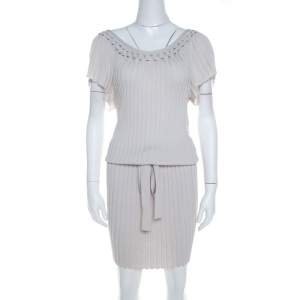 Pre Owned Boss Orange by Hugo Boss Grey Ribbed Stretch Knit Belted Dress XS