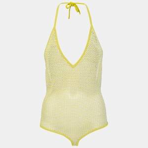 Pre Owned Bottega Veneta Yellow Open-Knit Halter Neck Bodysuit L