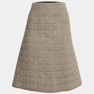 Bottega Veneta Khaki Brown Quilted Linen Midi Skirt M