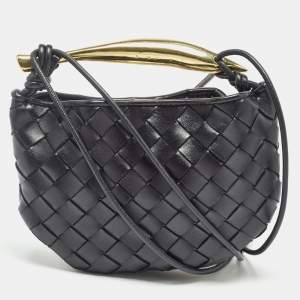 Pre Owned Bottega Veneta Black Intrecciato Leather Mini Sardine Shoulder Bag