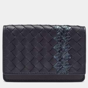 Pre Owned Bottega Veneta Navy Blue Intrecciato Leather and Snakeskin Business Card Holder