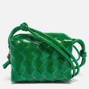 Pre Owned Bottega Veneta Green Intrecciato Patent Leather Candy Loop Crossbody Bag