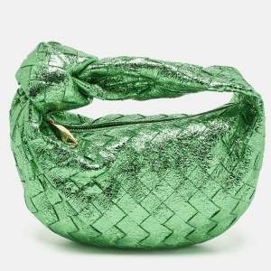 Pre Owned Bottega Veneta Metallic Green Intrecciato Leather Mini Jodie Hobo