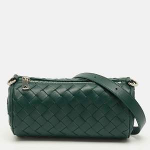 Pre Owned Bottega Veneta Barrel Mini Green Intrecciato Leather Crossbody Bag