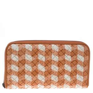 Pre Owned Bottega Veneta Orange/White Intrecciato Leather Zip Around Wallet 