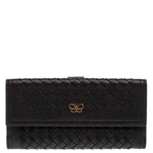 Pre Owned Bottega Veneta Black Intrecciato Leather Continental Flap Wallet