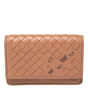 Pre Owned Bottega Veneta Peach Intrecciato Leather Flap Card Holder