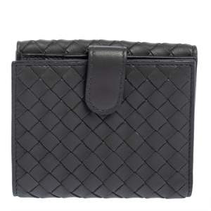 Pre Owned Bottega Veneta Grey Intrecciato Leather Compact Wallet