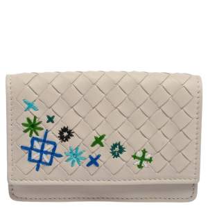 Pre Owned Bottega Veneta Off White Intrecciato Leather Embroidered Business Card Holder