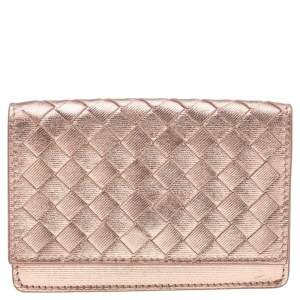 Pre Owned Bottega Veneta Rose Gold Intrecciato Leather Business Card Case