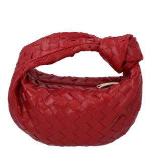 Pre Owned Bottega Veneta Red Leather Intrecciato Mini Jodie Top Handle Bag