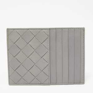 Pre Owned Bottega Veneta Grey Intrecciato Leather Zip Card Holder