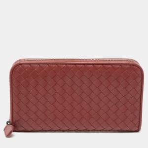 Pre Owned Bottega Veneta Rust Brown Intrecciato Leather Zip Around Wallet