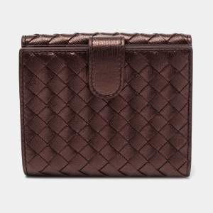 Pre Owned Bottega Veneta Metallic Brown Intrecciato Leather French Wallet