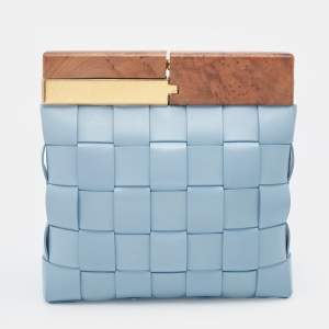 Pre Owned Bottega Veneta Light Blue Intrecciato Leather and Wood The Snap Clutch