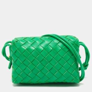 Pre Owned Bottega Veneta Lime Green Intrecciato Leather Mini Loop Camera Crossbody Bag