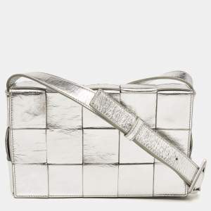 Pre Owned Bottega Veneta Silver Intreccio Leather Cassette Shoulder Bag