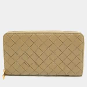 Pre Owned Bottega Veneta Khaki Green Intrecciato Leather Zip Around Wallet