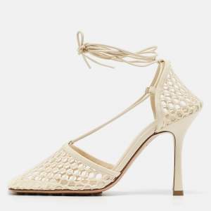 Pre Owned Bottega Veneta Cream Mesh and Leather Stretch Pumps Size 41