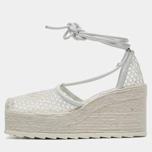 Bottega Veneta White Mesh and Leather Wedge Platform Espadrille Ankle Wrap Sandals Size 39