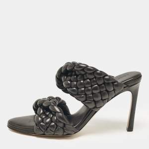 Bottega Veneta Black Leather Intrecciato Slide Sandals Size 38.5