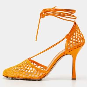 Bottega Veneta Orange Leather and Mesh Stretch Ankle Strap Sandals Size 39
