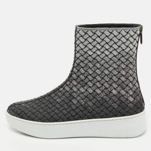 Bottega Veneta Black/Silver Intrecciato Metallic Lurex Fabric Sneaker Boots Size 40