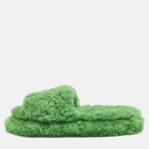 Bottega Veneta Green Shearling Fur Flat Sandals Size 40
