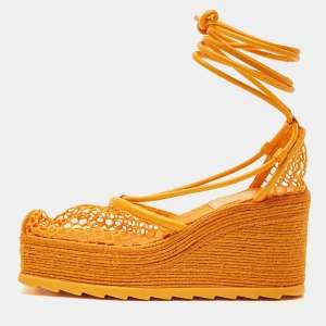 Pre Owned Bottega Veneta Orange Mesh and Leather Wedge Espadrilles Ankle Tie Sandals Size 36