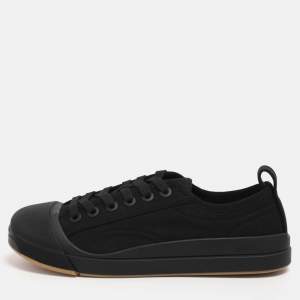 Pre Owned Bottega Veneta Black Canvas and Leather Vulcan Low Top Sneakers Size 38.5