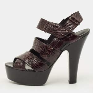 مملوكة مسبقًا Bottega Veneta Size 38 Brown Croc Embossed Leather Ankle Strap Sandals