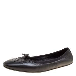 Pre Owned Bottega Veneta Black Intrecciato Detail Leather Bow Ballet Flats Size 36