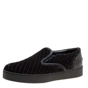 Pre Owned Bottega Veneta Black Quilted Velvet Dodger Intrecciato Slip On Sneakers Size 36