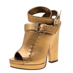 Pre Owned Bottega Veneta Metallic Gold Intrecciato Detail Leather Buckle Peep Toe Platform Sandals 38