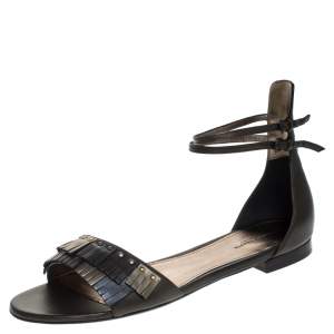Pre Owned Bottega Veneta Multicolor Intrecciato And Fringe Detail Leather Ankle Strap Flats Size 40