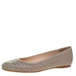 Pre Owned Bottega Veneta Beige Intrecciato Leather Ballet Flats Size 38.5