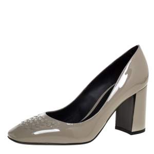 Pre Owned Bottega Veneta Grey Patent Leather Intrecciato Detail Block Heel Pumps Size 37.5