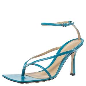Pre Owned Bottega Veneta Blue Leather Square Toe Ankle Strap Sandals Size 39