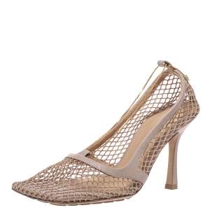 Pre Owned Bottega Veneta Beige Mesh Square Toe Chain Detail Pumps Size 37.5 