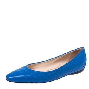 Pre Owned Bottega Veneta Blue Intrecciato Leather Pointed Toe Ballet Flats Size 39