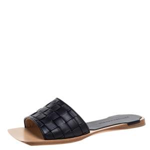 Pre Owned Bottega Veneta Black Intrecciato Leather Square Toe Flat Sandals Size 36
