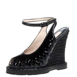 Pre Owned Bottega Veneta Black Intrecciato Patent Leather Jute Ankle Wrap Wedge Peep Toe Sandals Size 37