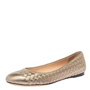 Pre Owned Bottega Veneta Metallic Gold Intrecciato Leather Ballet Flats Size 40