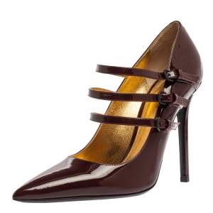 Pre Owned Bottega Veneta Maroon Patent Leather Mary Jane Strappy Pointed Toe Pumps Size 39.5