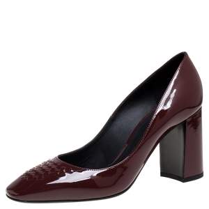 Pre Owned Bottega Veneta Burgundy Patent Leather Intrecciato Detail Block Heel Pumps Size 38