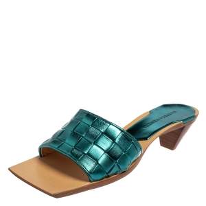 Pre Owned Bottega Veneta Metallic Blue Intrecciato Slide Sandals Size 37.5